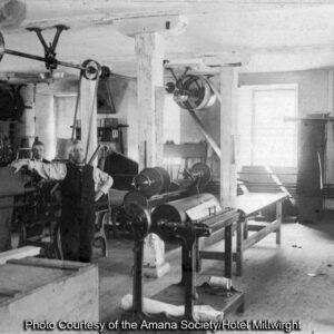 The interior of the Woolen Mill, historic photo.